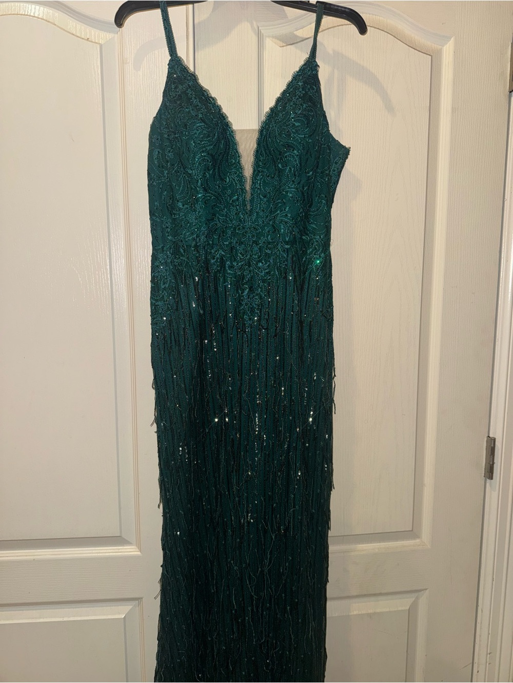 Emerald Green Beaded Spaghetti-Strap Evening Dress
